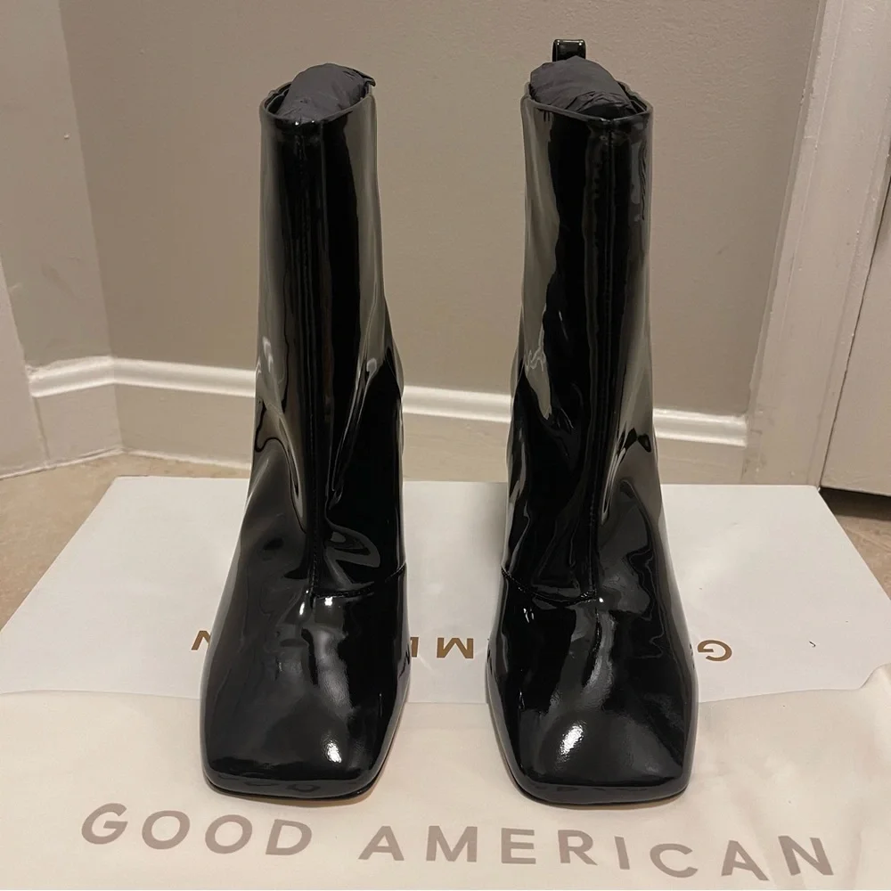 Good American Black Patent Leather Ankle Boots GA165P-X Glossy Square Toe
